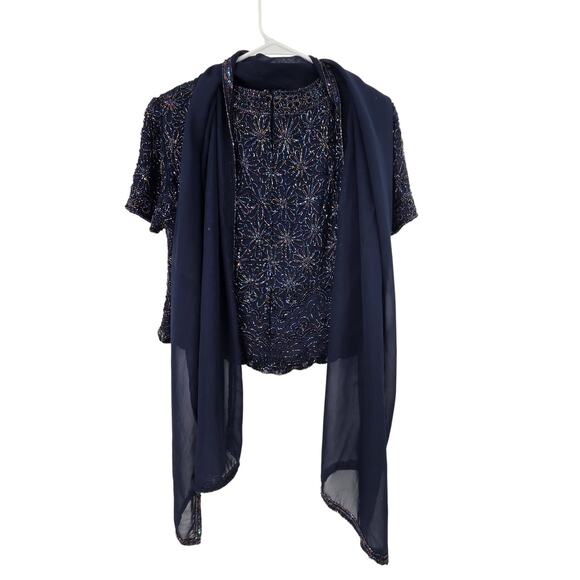 VINTAGE ADRIANNA PAPELL P10 SILK BEADED CREW NECK BLOUSE AND MATCHING SCARF - Picture 1 of 4